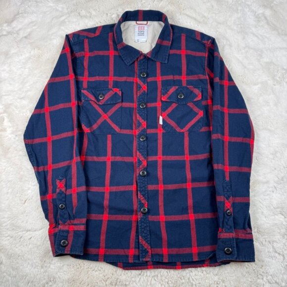 Topo Designs Shirt Mens Medium Blue Red Windowpane Flannel Loop Collar Button Up - Picture 2 of 8